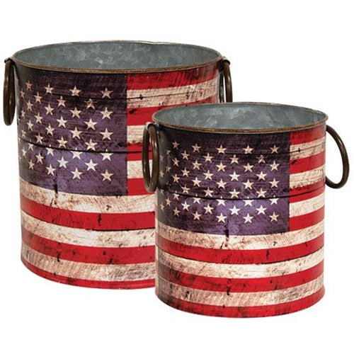 Galvanized American Flag Buckets